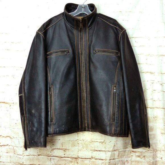 Andrew Marc NY Jacket Men XXL Distressed Black Leather Moto Biker Quilted Lined - Picture 1 of 15